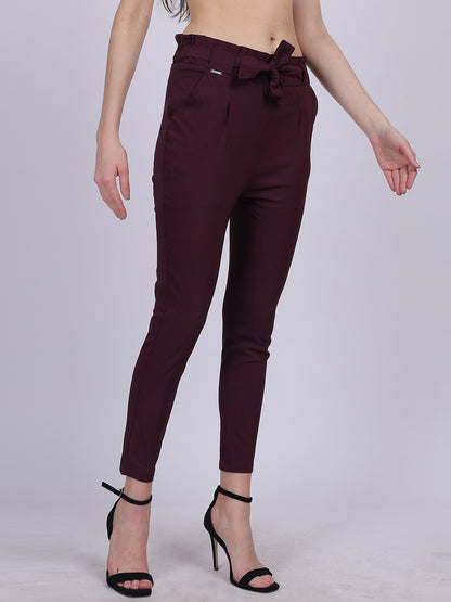 Wine Solid Narrow Fit Trouser With Attached Fabric Belt