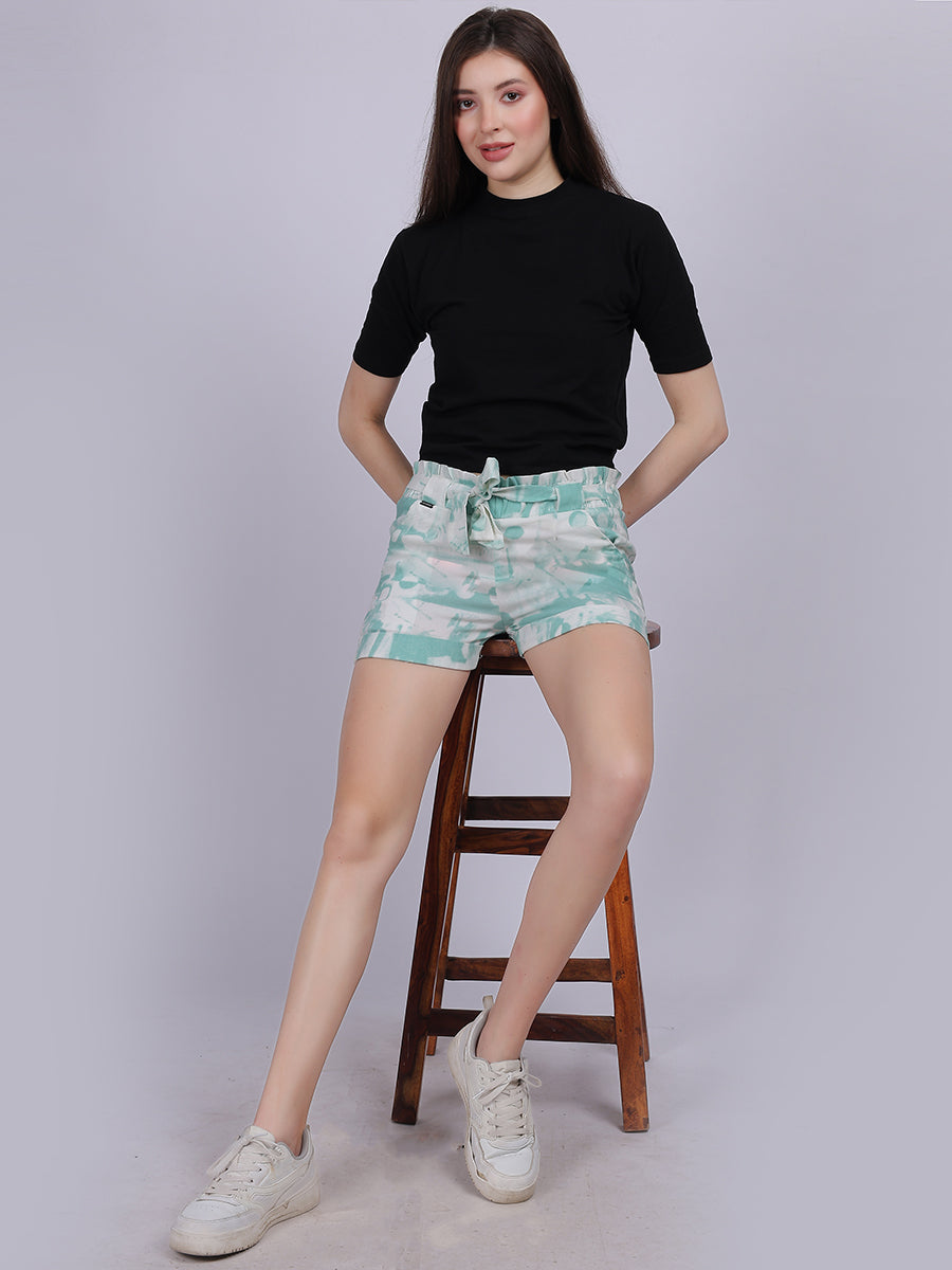 Sea Green Tye & Dye Cotton Spandex Fashion Shorts