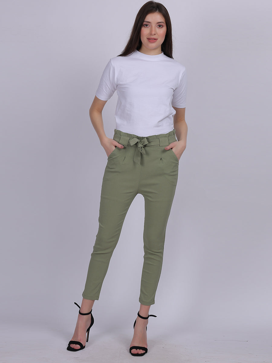 Pista Green Solid Narrow Fit Trouser With Attached Fabric Belt