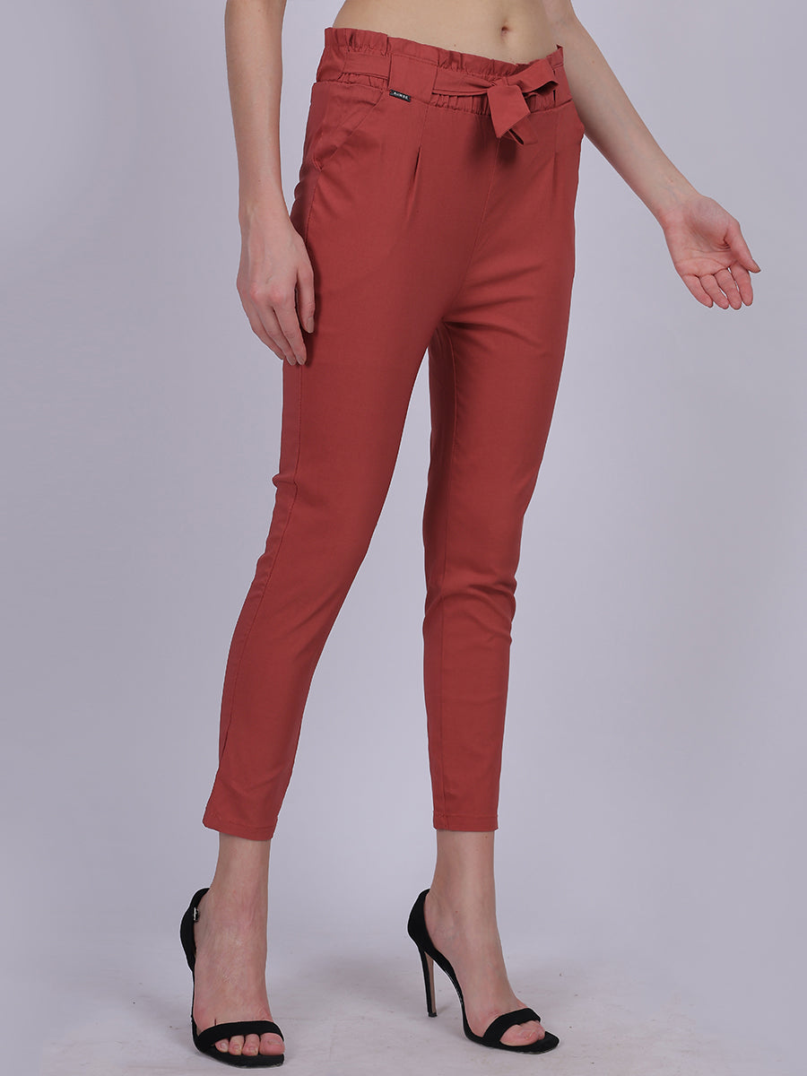 Rust Solid Narrow Fit Trouser With Attached Fabric Belt