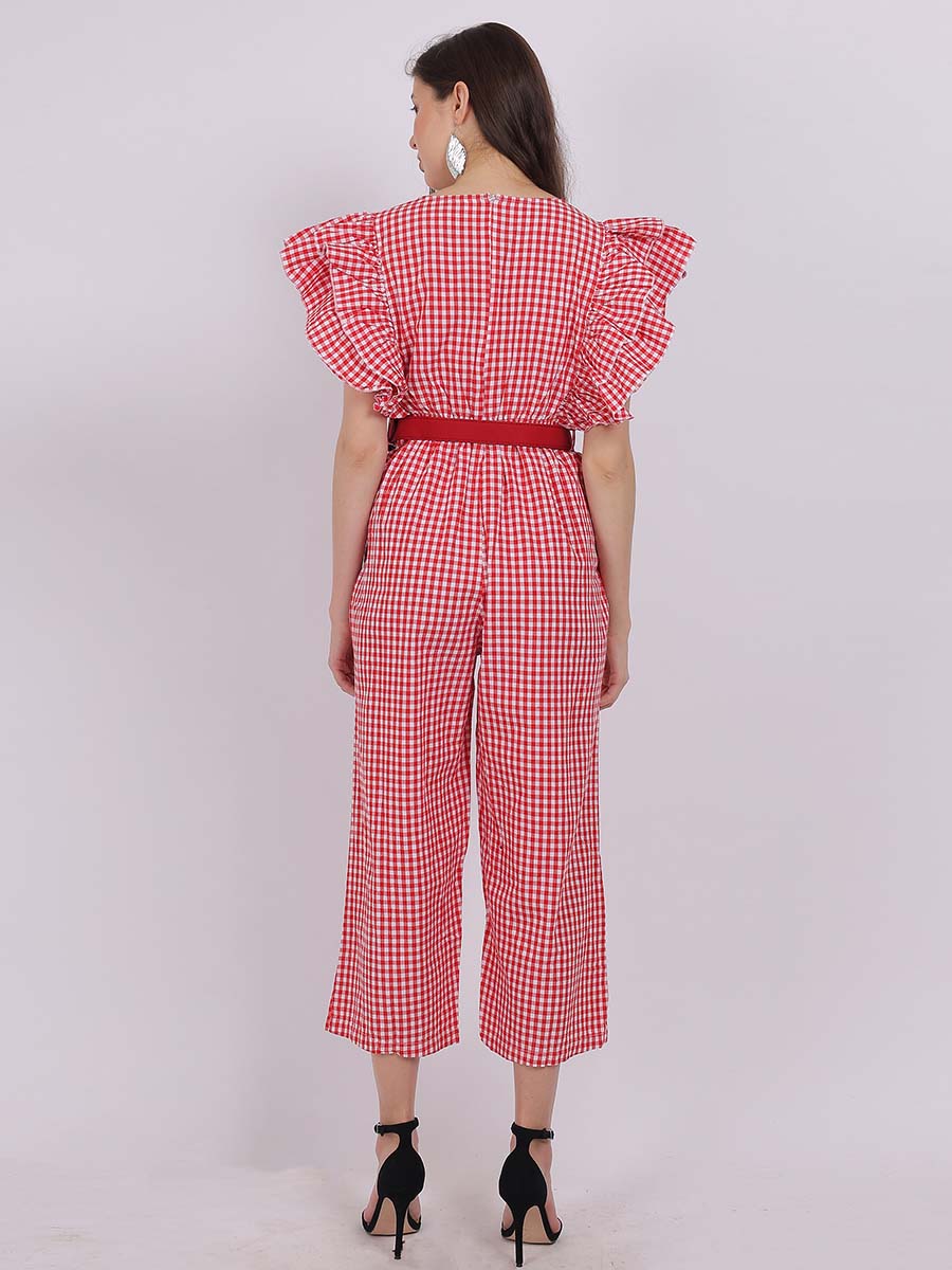 Cotton Checks Jumpsuit With Fashion Sleevess & Belt