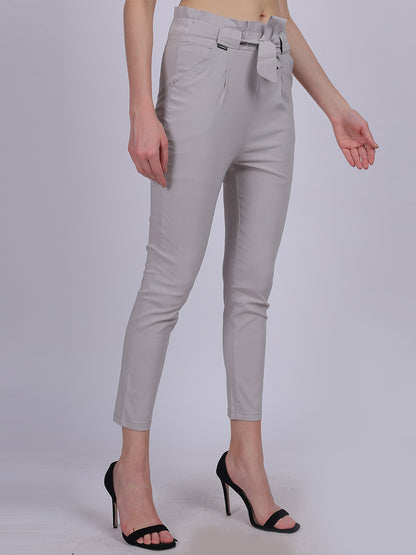 Light Grey Solid Narrow Fit Trouser With Attached Fabric Belt