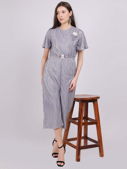 Stripe Shimmer Party Wear Jumpsuit With Embroidery On Belt