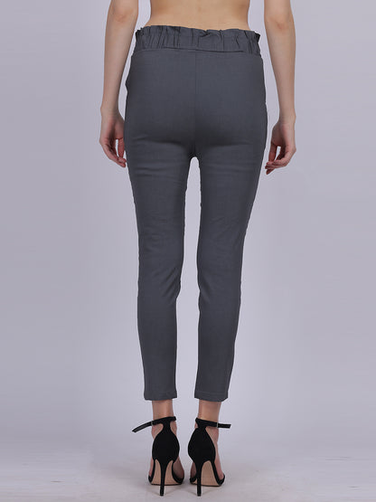 Dark Grey Solid Narrow Fit Trouser With Attached Fabric Belt