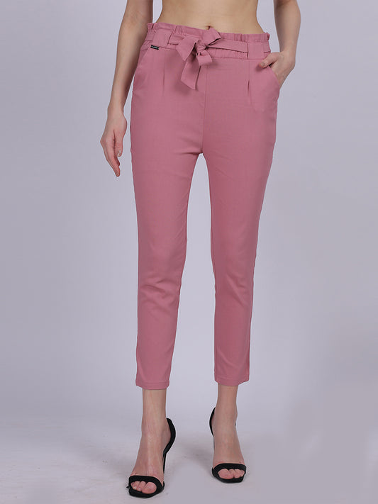 Pink Solid Narrow Fit Trouser With Attached Fabric Belt