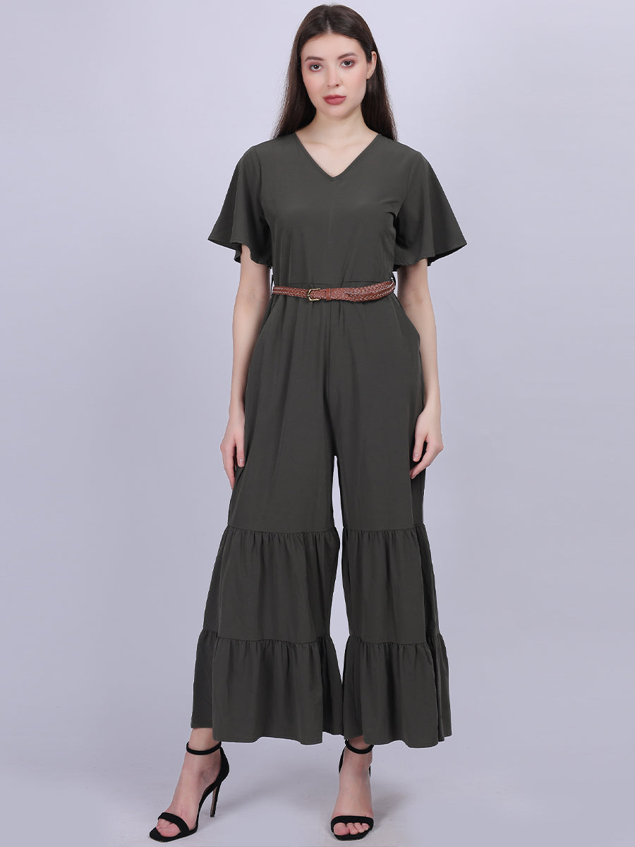 Solid Fashion Sharara Style Jumpsuit With Belt