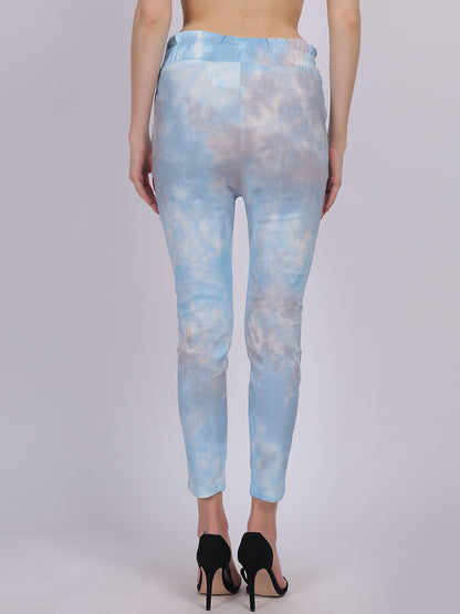 Sky Blue Tye & Dye Cotton Spandex Fashion Narrow Fit Fashion Pants