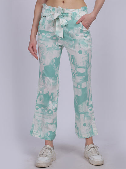 Sea Green Tye & Dye Cotton Spandex Fashion Straight Fit Pants