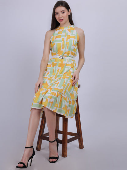 Green Abstract Print Halter Neck Dress With Waist Belt