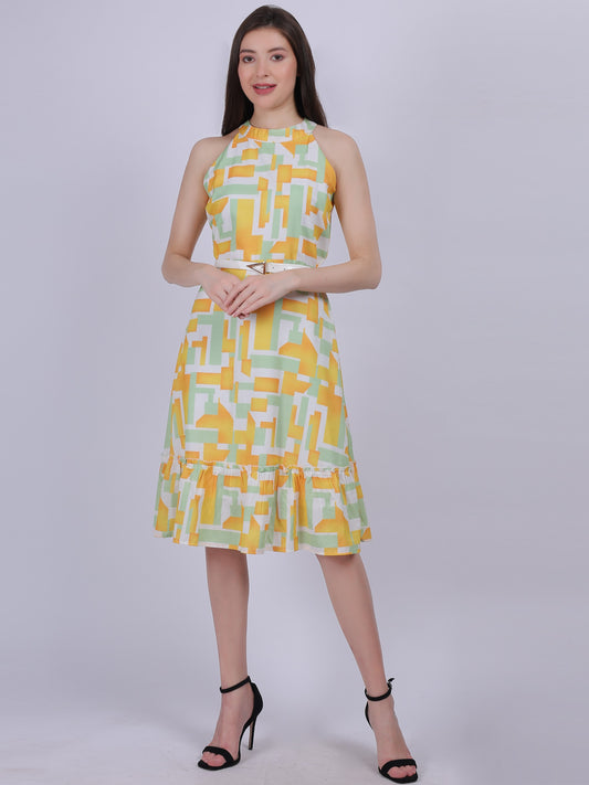 Green Abstract Print Halter Neck Dress With Waist Belt