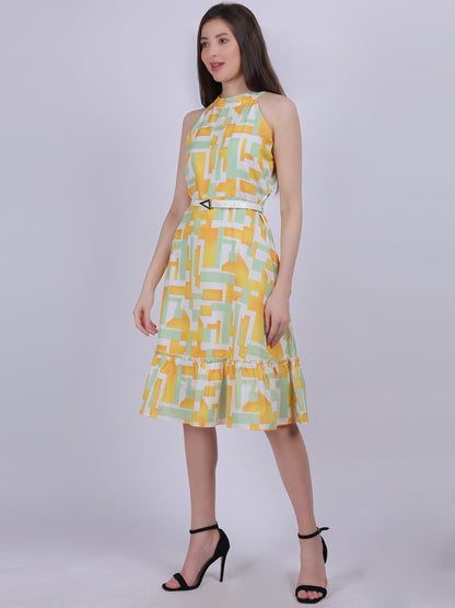 Green Abstract Print Halter Neck Dress With Waist Belt