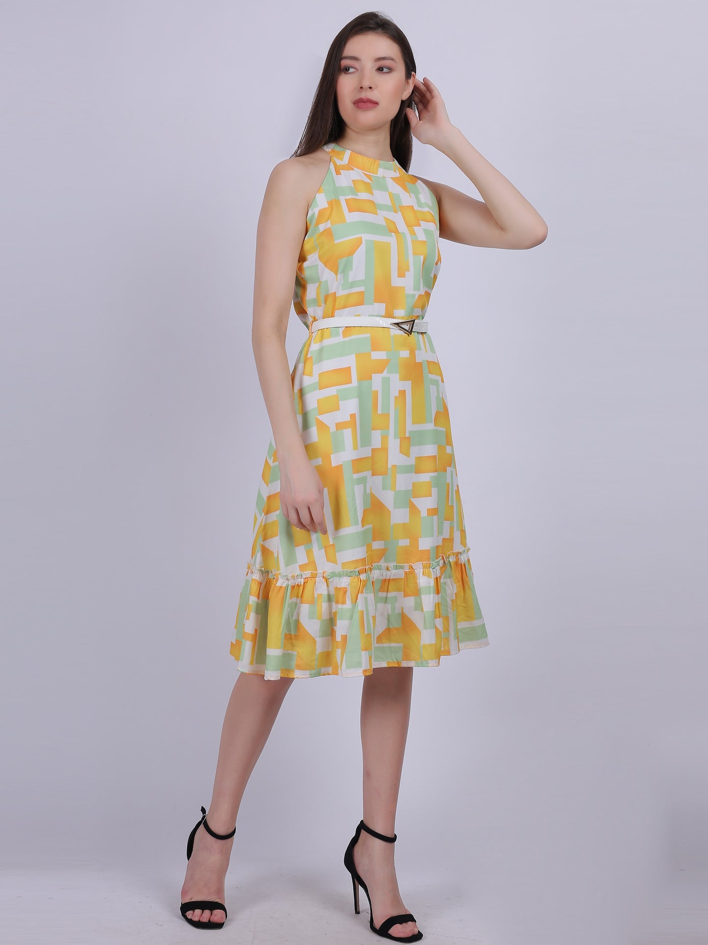 Green Abstract Print Halter Neck Dress With Waist Belt