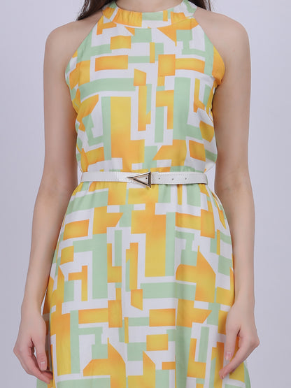 Green Abstract Print Halter Neck Dress With Waist Belt