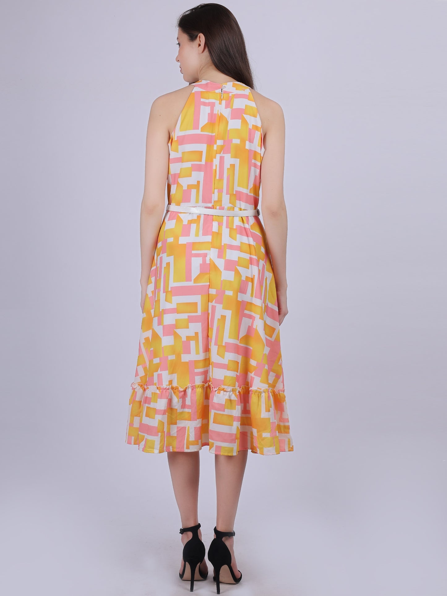 Pink Abstract Print Halter Neck Dress With Waist Belt