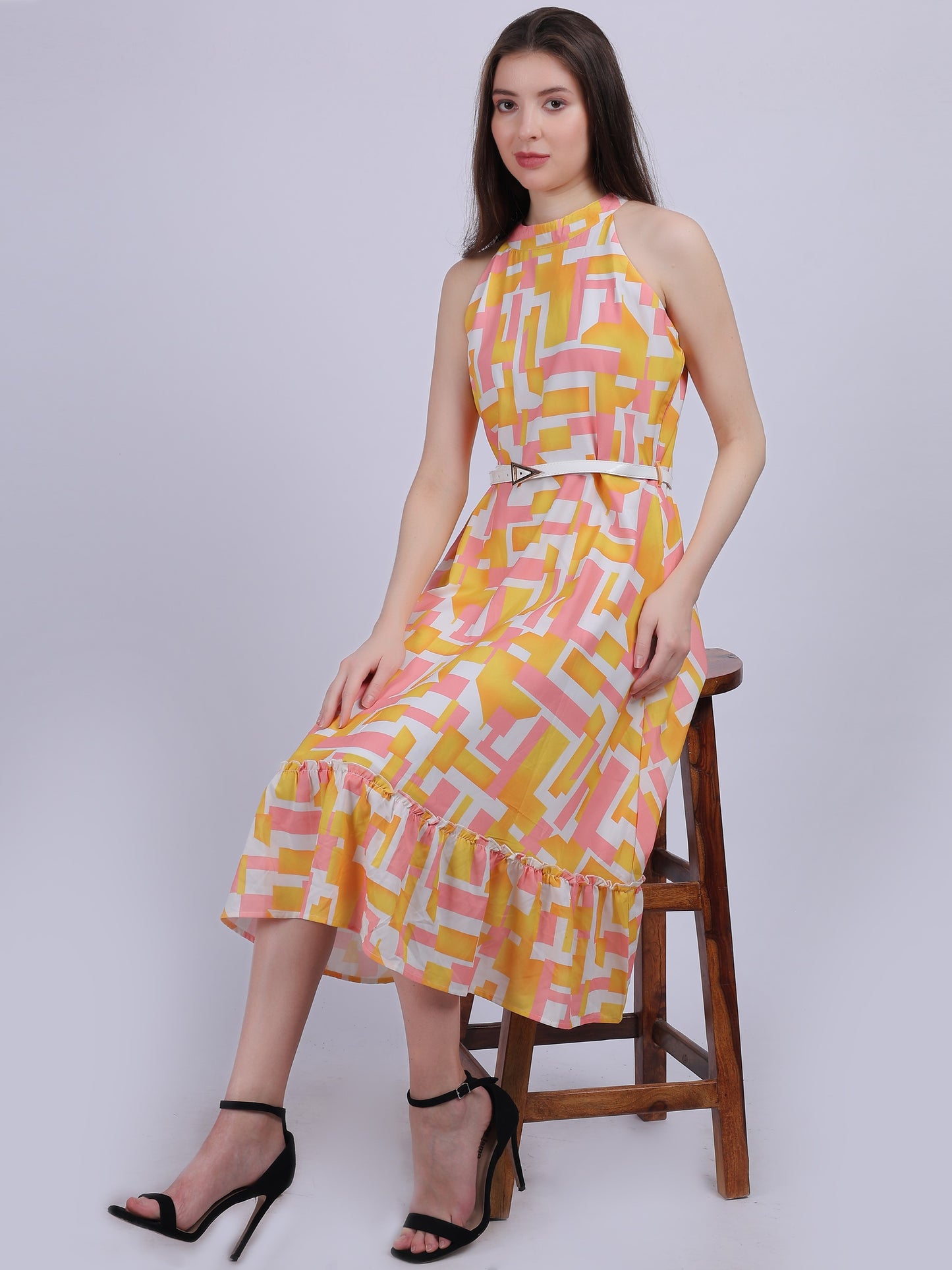 Pink Abstract Print Halter Neck Dress With Waist Belt