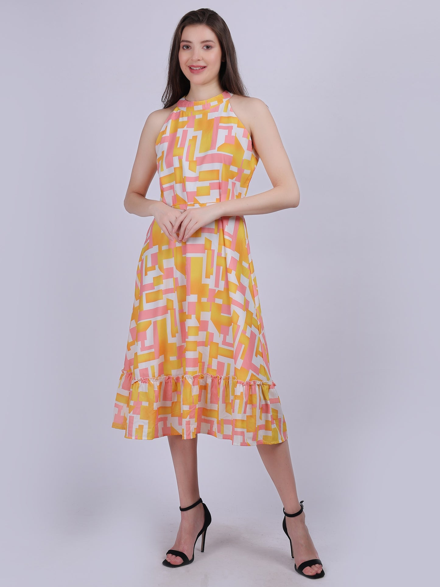 Pink Abstract Print Halter Neck Dress With Waist Belt