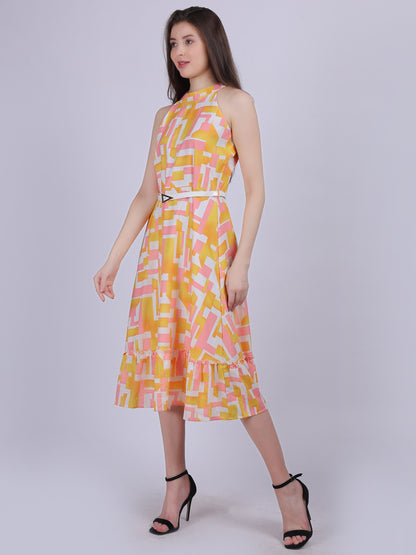 Pink Abstract Print Halter Neck Dress With Waist Belt