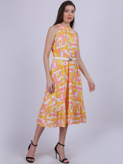 Pink Abstract Print Halter Neck Dress With Waist Belt