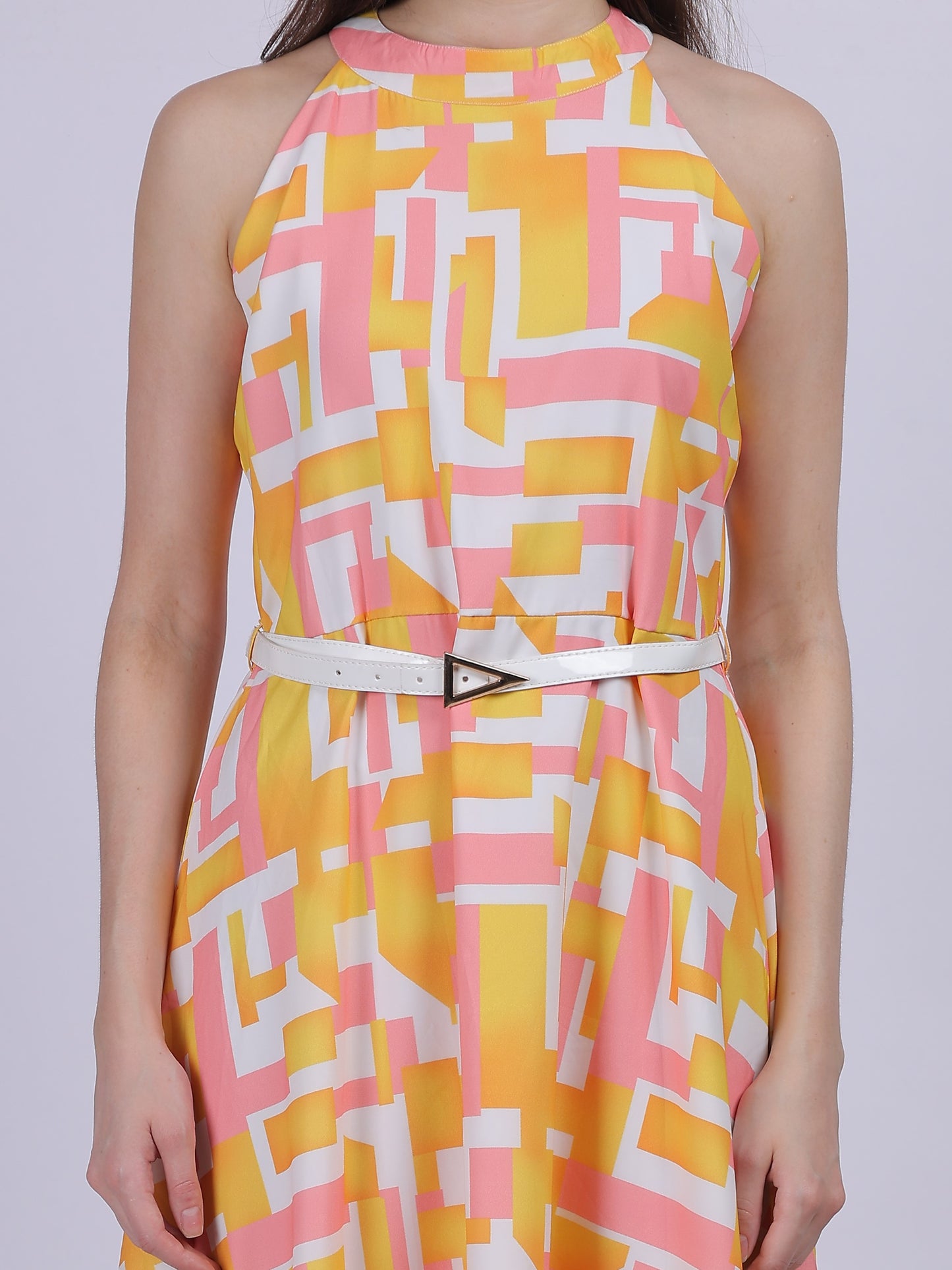 Pink Abstract Print Halter Neck Dress With Waist Belt