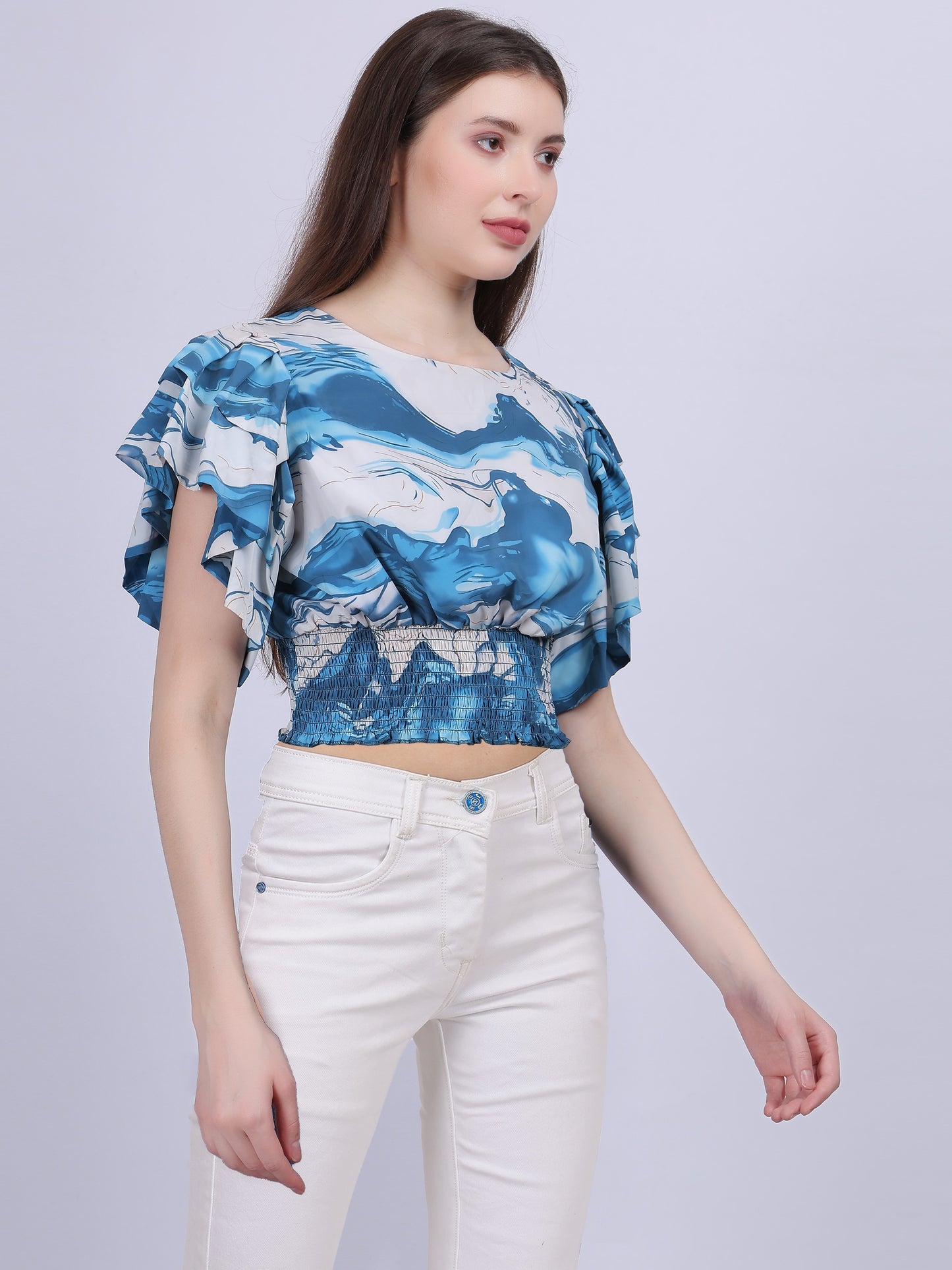 Blue Abstract Print Crop Top With Fashion Bell Sleeves