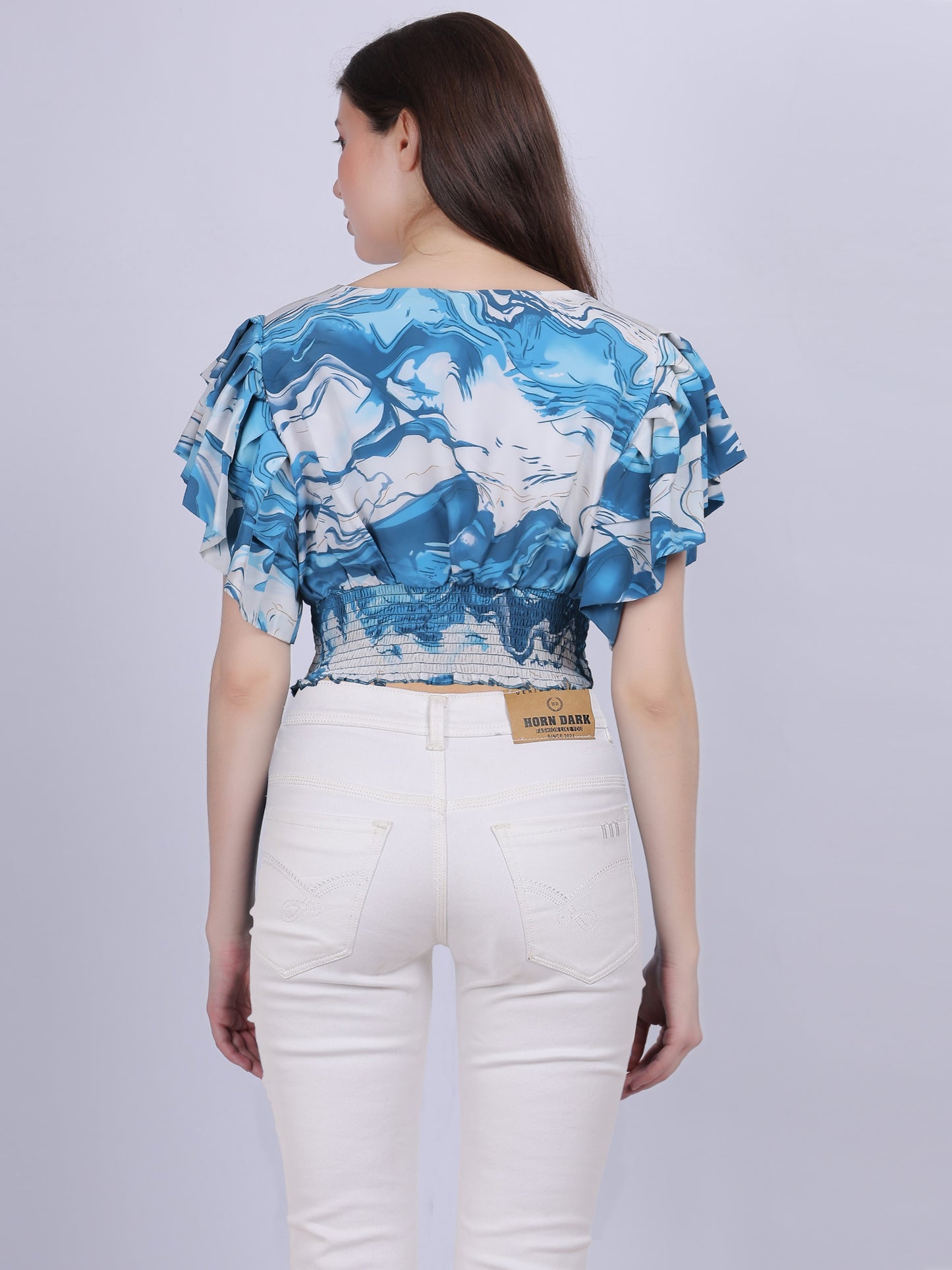 Blue Abstract Print Crop Top With Fashion Bell Sleeves