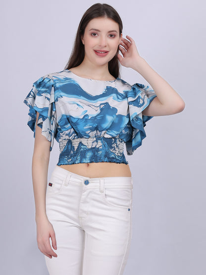 Blue Abstract Print Crop Top With Fashion Bell Sleeves