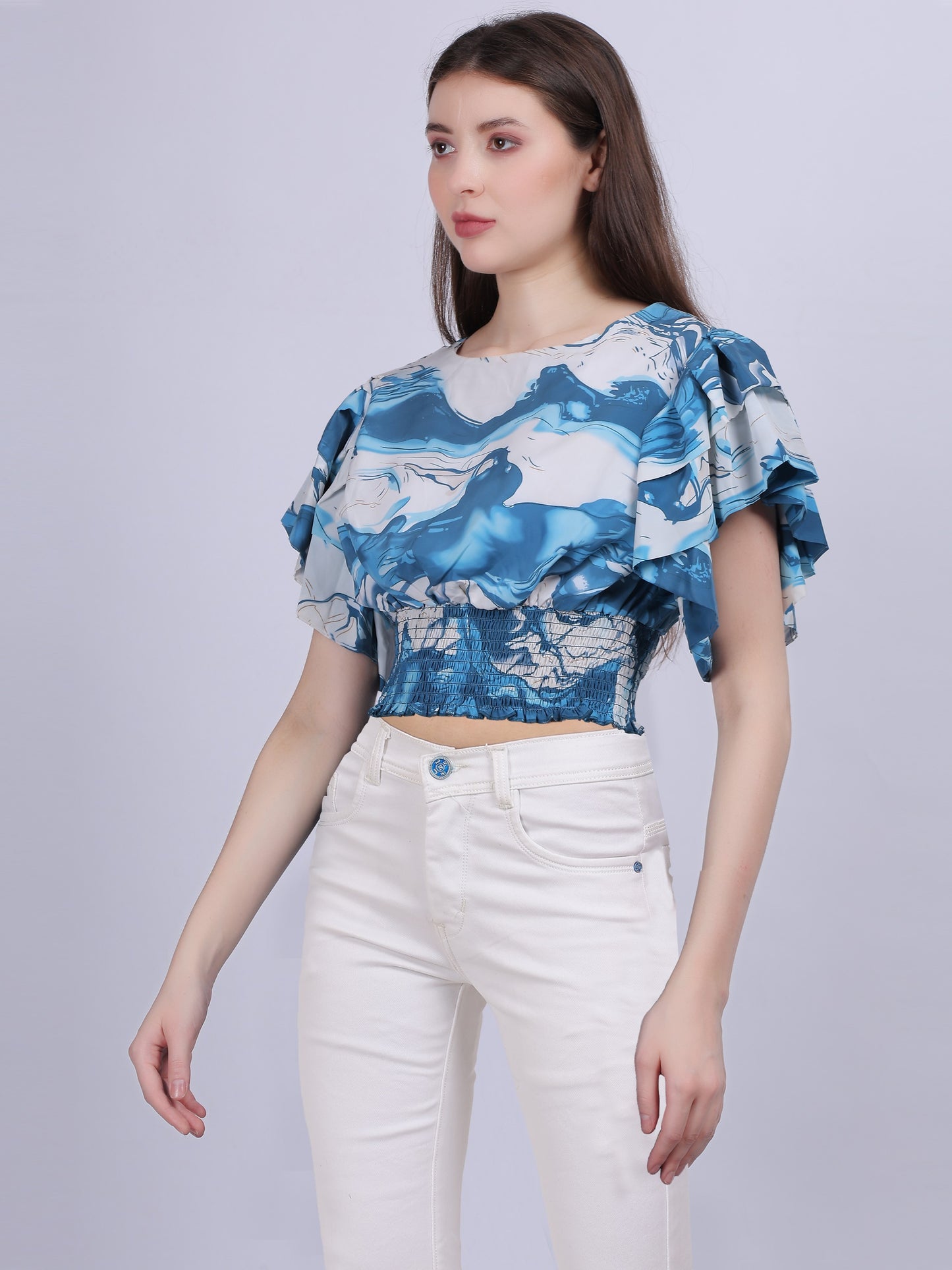 Blue Abstract Print Crop Top With Fashion Bell Sleeves