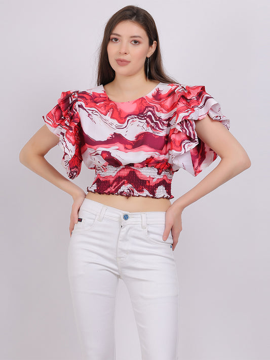 Abstract Print Crop Top With Fashion Bell Sleeves