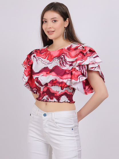 Abstract Print Crop Top With Fashion Bell Sleeves