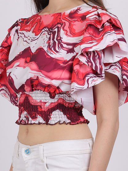 Abstract Print Crop Top With Fashion Bell Sleeves