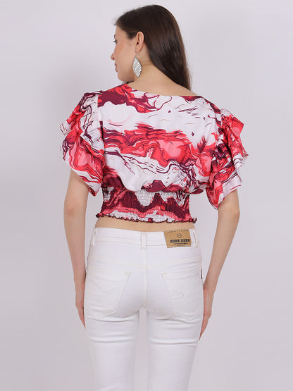 Abstract Print Crop Top With Fashion Bell Sleeves