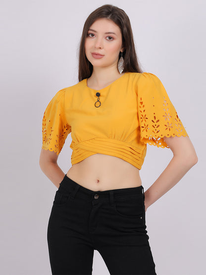 Solid Crop Fashion Top With Bell Sleeves & Cutwork