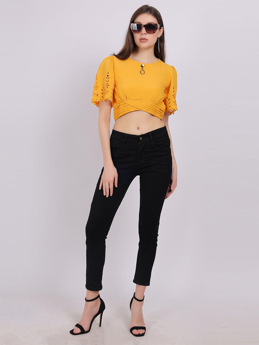 Solid Crop Fashion Top With Bell Sleeves & Cutwork