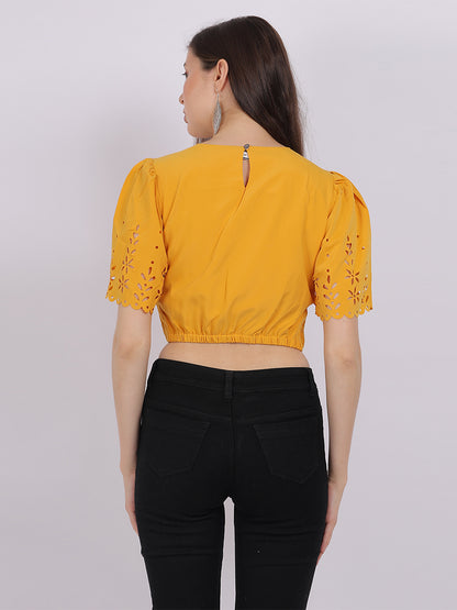 Solid Crop Fashion Top With Bell Sleeves & Cutwork