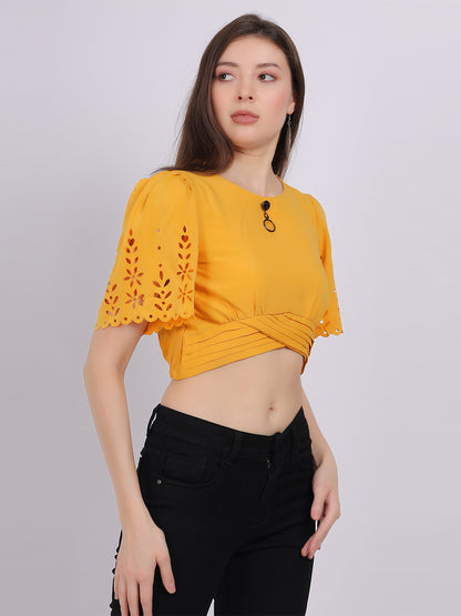 Solid Crop Fashion Top With Bell Sleeves & Cutwork