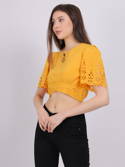 Solid Crop Fashion Top With Bell Sleeves & Cutwork