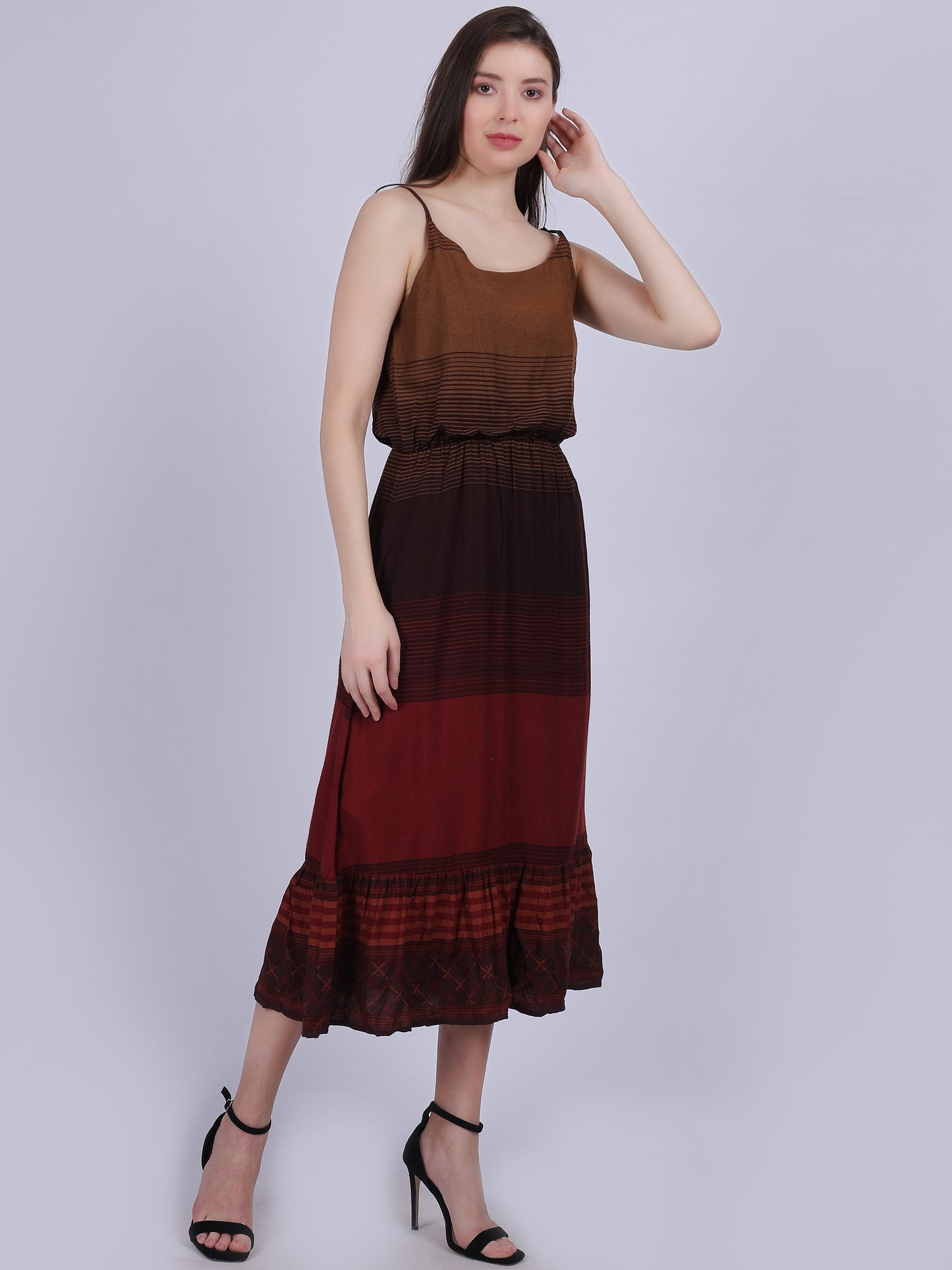 Brown Spaghetti Dress With Ombre Shading Effect