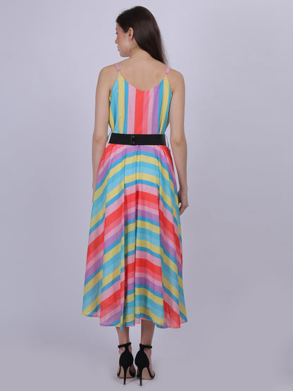 Pink Stripe Print Fashion Dress With Stylish Belt