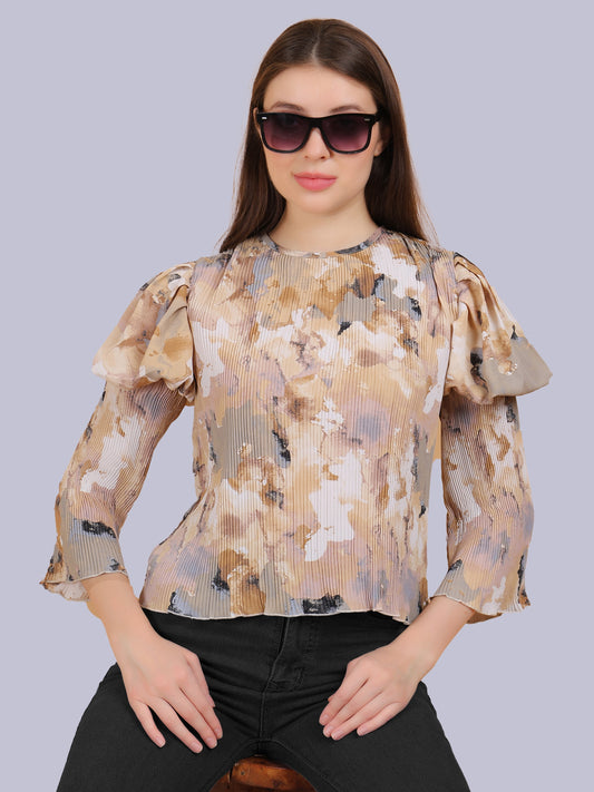 Beige Abstract Print Fashion Pleated Top With Puff Pleated Sleeves