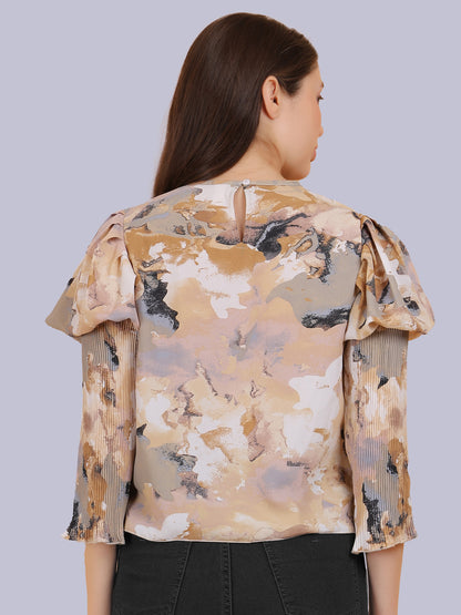 Beige Abstract Print Fashion Pleated Top With Puff Pleated Sleeves