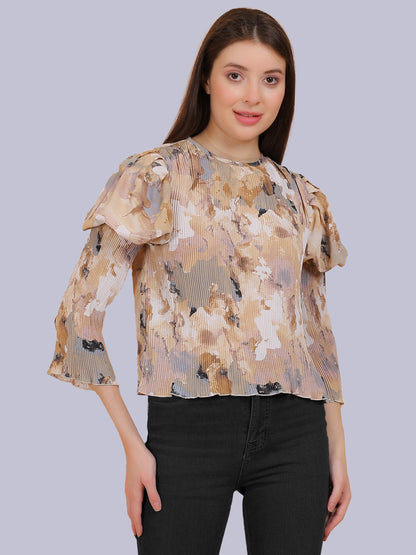 Beige Abstract Print Fashion Pleated Top With Puff Pleated Sleeves