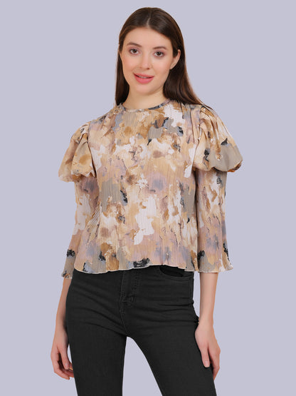 Beige Abstract Print Fashion Pleated Top With Puff Pleated Sleeves