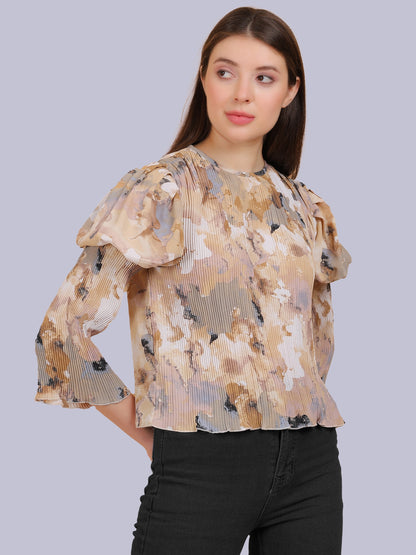 Beige Abstract Print Fashion Pleated Top With Puff Pleated Sleeves