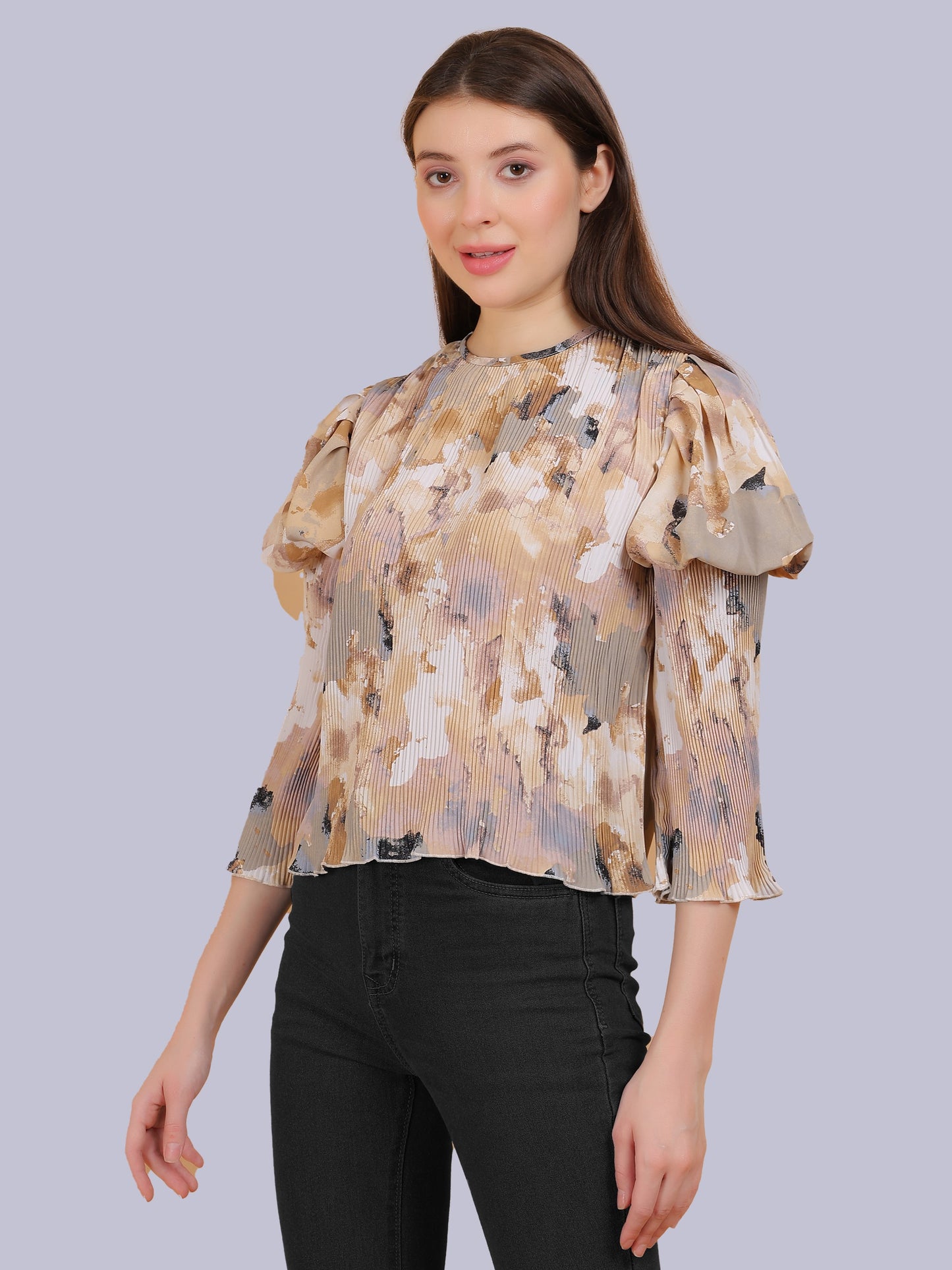 Beige Abstract Print Fashion Pleated Top With Puff Pleated Sleeves