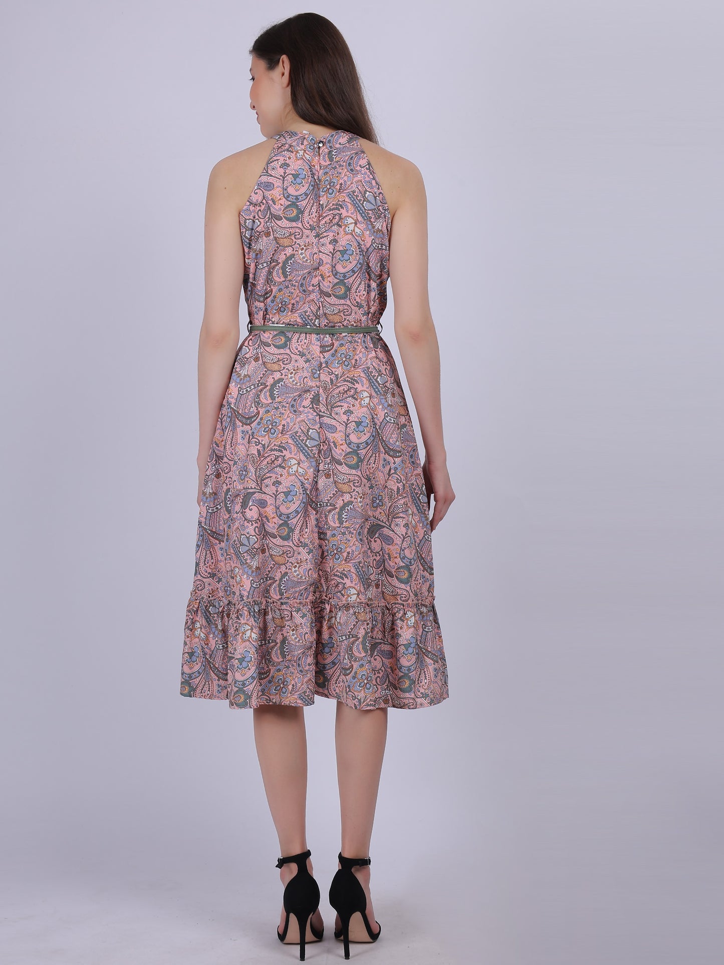 Floral Print Halter Neck Dress With Waist Belt