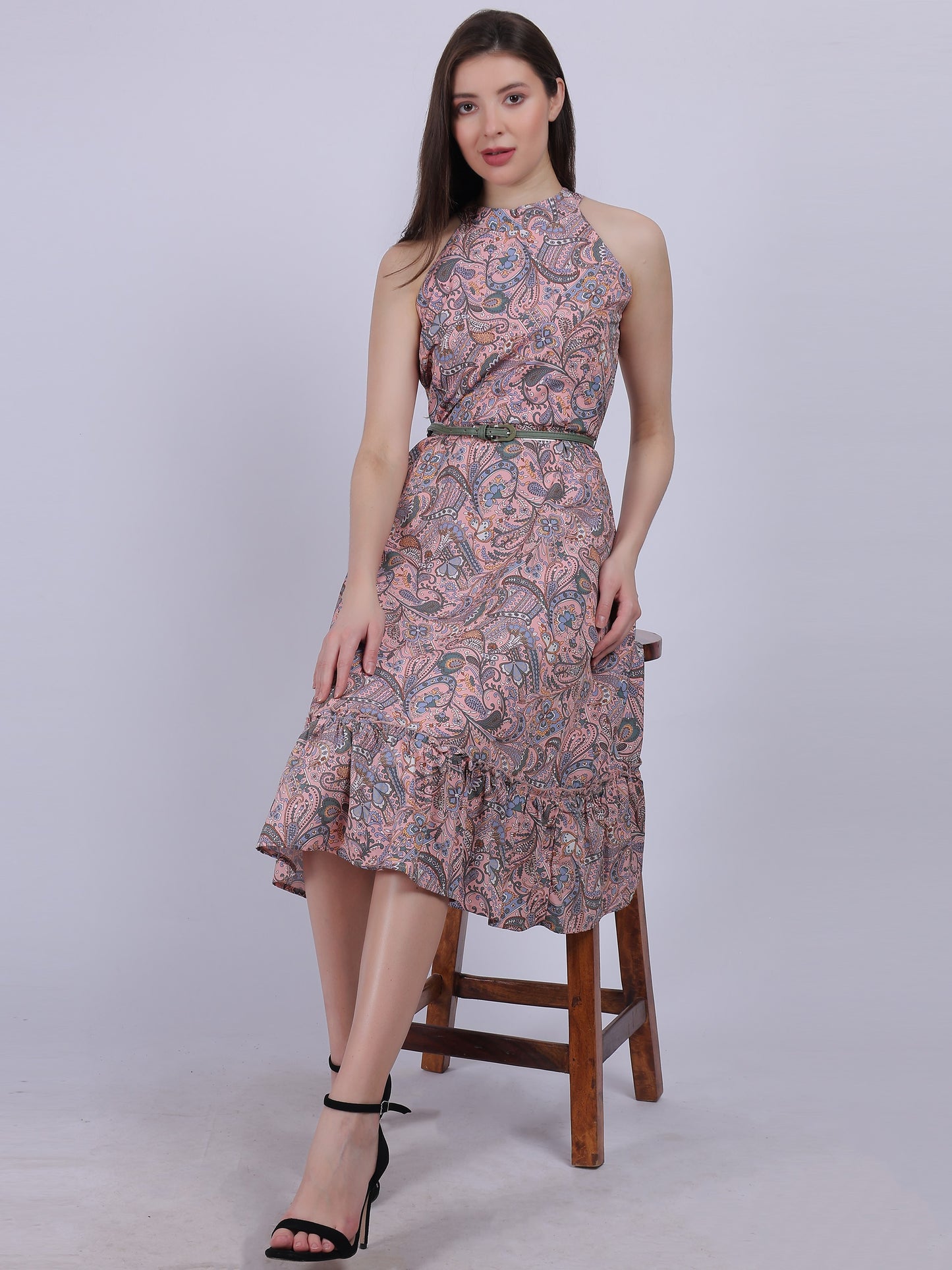 Floral Print Halter Neck Dress With Waist Belt