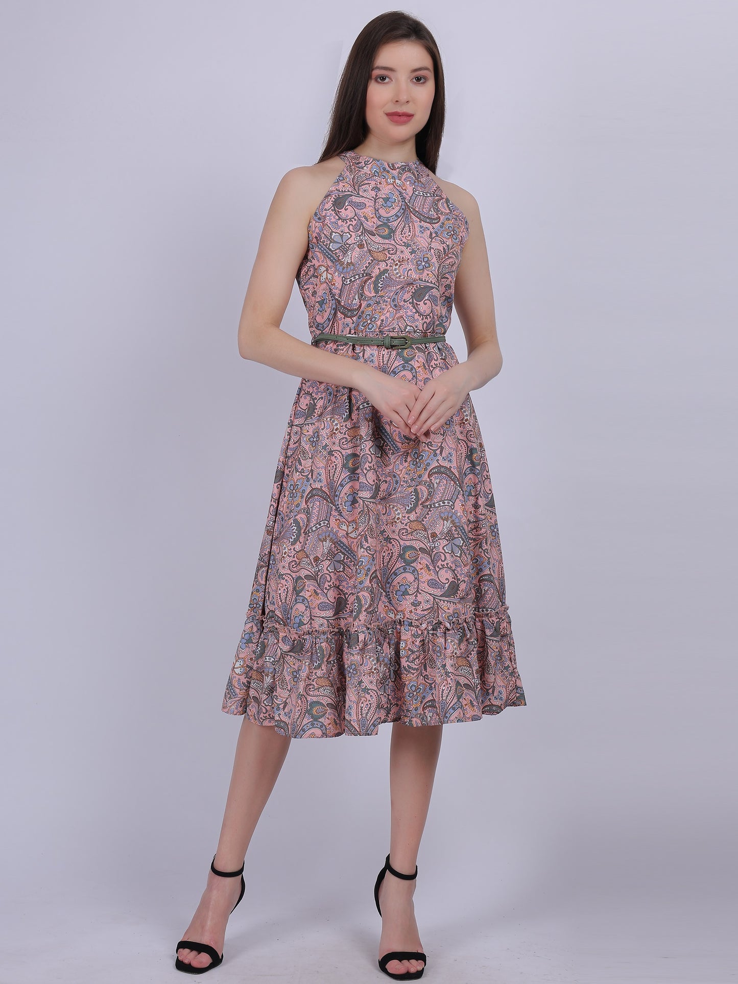 Floral Print Halter Neck Dress With Waist Belt