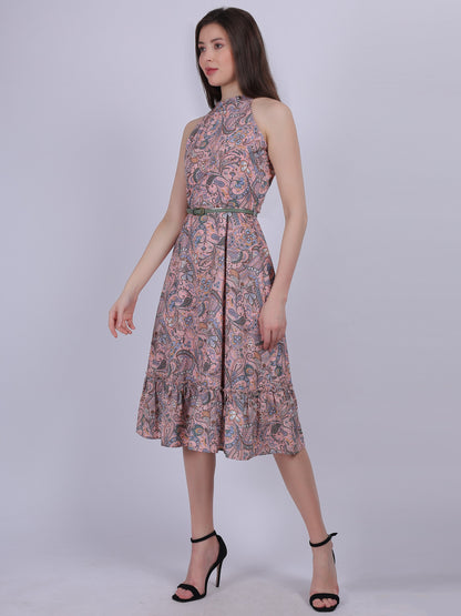 Floral Print Halter Neck Dress With Waist Belt