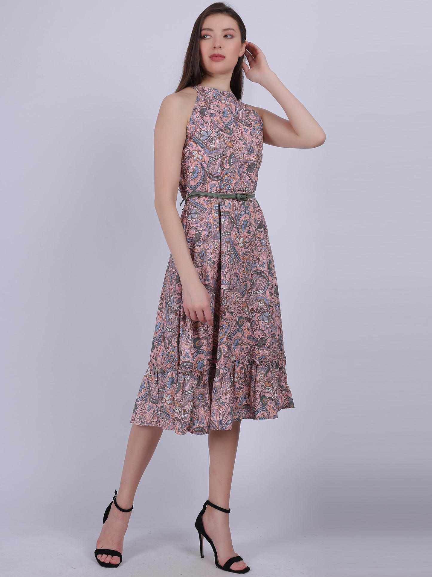 Floral Print Halter Neck Dress With Waist Belt