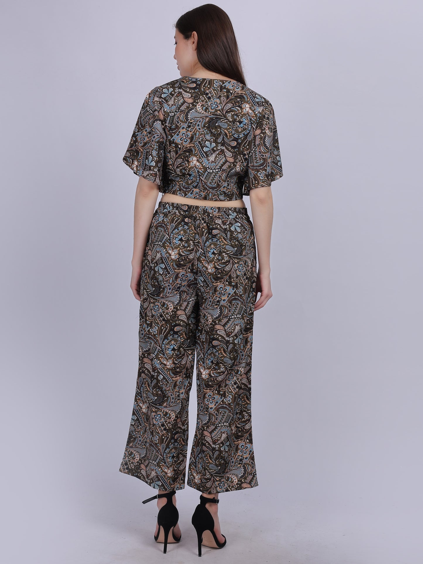 Bohemian Printed Cord Set With Crop Fashion Top & Straight Fit Pants